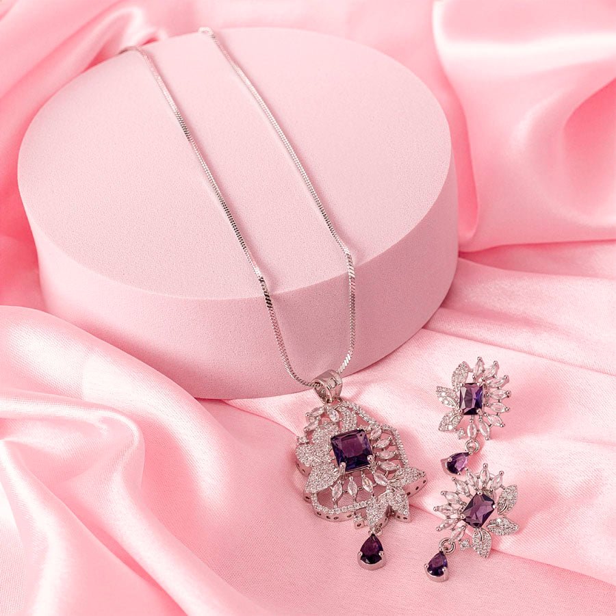 Violet Silver Lightweight American Diamond Pendant Set for Women for Occasion and Party Wear (MI - PEN - 002 - AM - SL) - The Indian Mudra