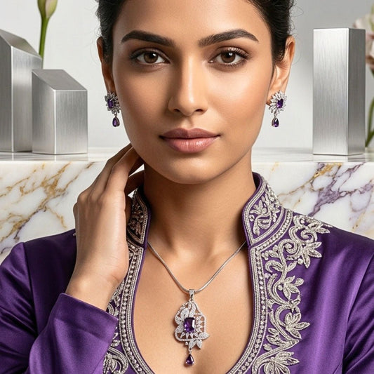 Violet Silver Lightweight American Diamond Pendant Set for Women for Occasion and Party Wear (MI - PEN - 002 - AM - SL) - The Indian Mudra