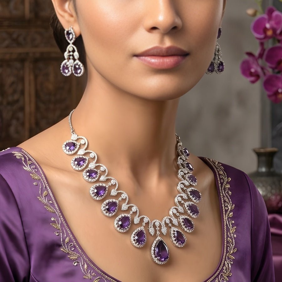 Violet Silver Polish Short Lightweight American Diamond Necklace Set - The Indian Mudra