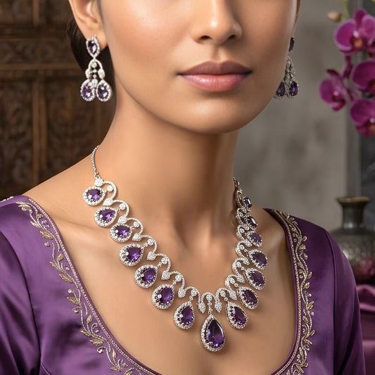 Violet Silver Polish Short Lightweight American Diamond Necklace Set - The Indian Mudra
