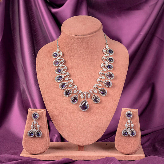 Voilet Silver Short Lightweight American Diamond Necklace Set for Women for Occasion and Party Wear (MC-NS-005-AM-SL)