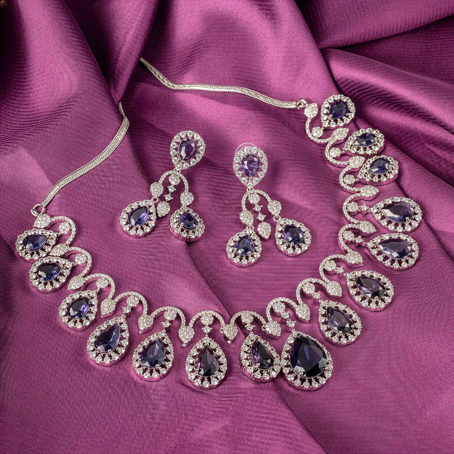 Voilet Silver Short Lightweight American Diamond Necklace Set for Women for Occasion and Party Wear (MC-NS-005-AM-SL)
