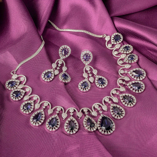 Voilet Silver Short Lightweight American Diamond Necklace Set for Women for Occasion and Party Wear (MC-NS-005-AM-SL)