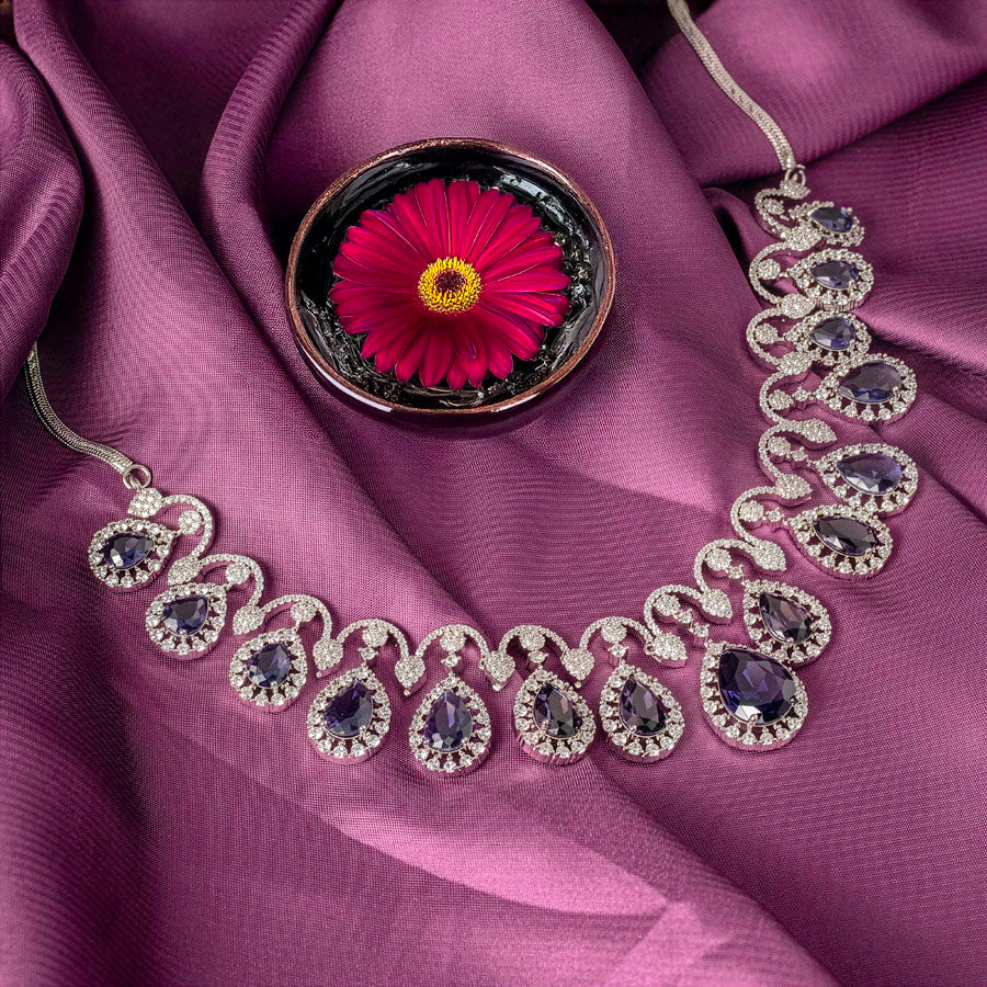 Voilet Silver Short Lightweight American Diamond Necklace Set for Women for Occasion and Party Wear (MC-NS-005-AM-SL)