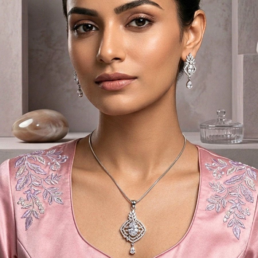 White American Diamond Lightweight Pendant Set for Women for Occasion and Party Wear (MI - PEN - 004 - AD - SL) - The Indian Mudra