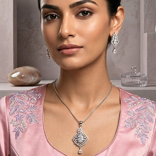 White American Diamond Lightweight Pendant Set for Women for Occasion and Party Wear (MI - PEN - 004 - AD - SL) - The Indian Mudra