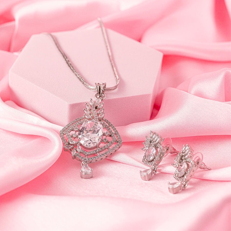White American Diamond Lightweight Pendant Set for Women for Occasion and Party Wear (MI - PEN - 004 - AD - SL) - The Indian Mudra