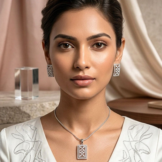 White American Diamond Lightweight Pendant Set of for Women for Occasion and Party Wear (MI - PEN - 005 - W - AD - SL) - The Indian Mudra