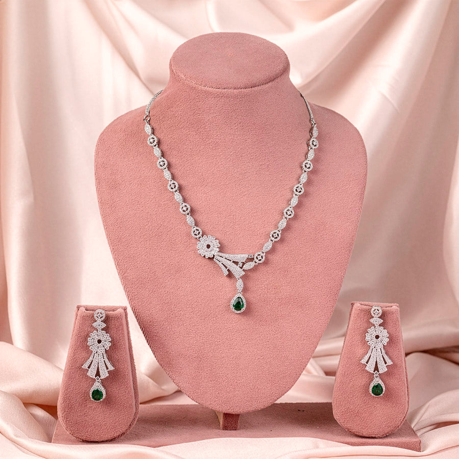 White and Bottle Green Silver Short Lightweight American Diamond Necklace Set for Women for Occasion and Party Wear (MC-NS-007-EM-SL)
