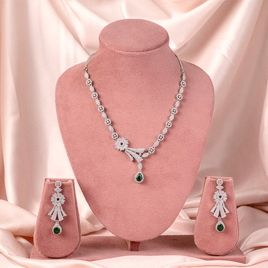White and Bottle Green Silver Short Lightweight American Diamond Necklace Set for Women for Occasion and Party Wear (MC-NS-007-EM-SL)
