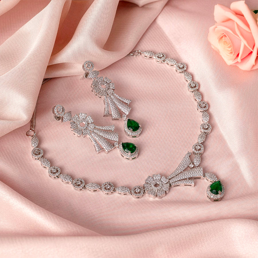 White and Bottle Green Silver Short Lightweight American Diamond Necklace Set for Women for Occasion and Party Wear (MC-NS-007-EM-SL)