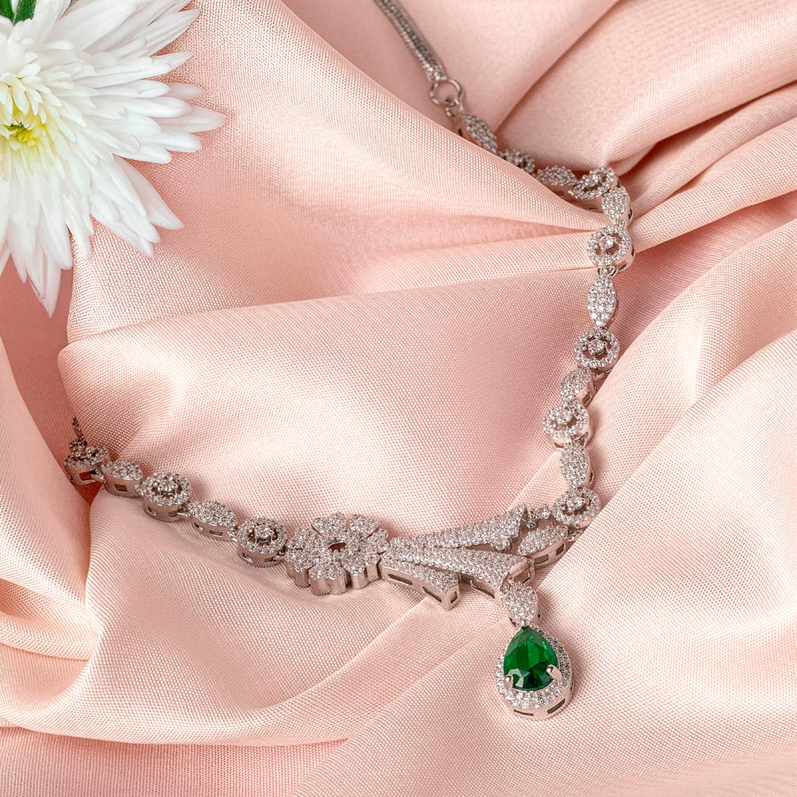 White and Bottle Green Silver Short Lightweight American Diamond Necklace Set for Women for Occasion and Party Wear (MC-NS-007-EM-SL)