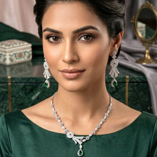 White and Bottle Green Silver Short Lightweight American Diamond Necklace Set for Women for Occasion and Party Wear (MC-NS-007-EM-SL)