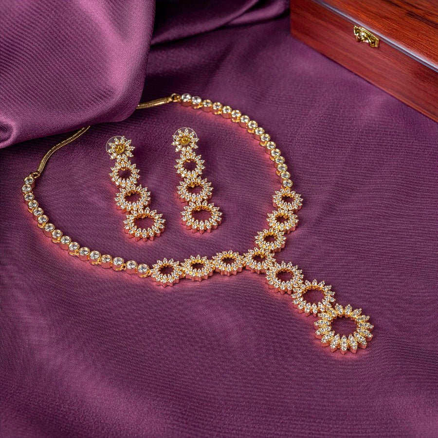 White Gold Lightweight Short American Diamond Necklace Set for Women for Occasion and Party Wear (MC - NS - 004 - AD - GD) - The Indian Mudra