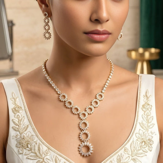 White Gold Lightweight Short American Diamond Necklace Set for Women for Occasion and Party Wear (MC - NS - 004 - AD - GD) - The Indian Mudra