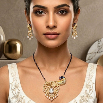 White Peacock Motif Pendant Set Lightweight American Diamond