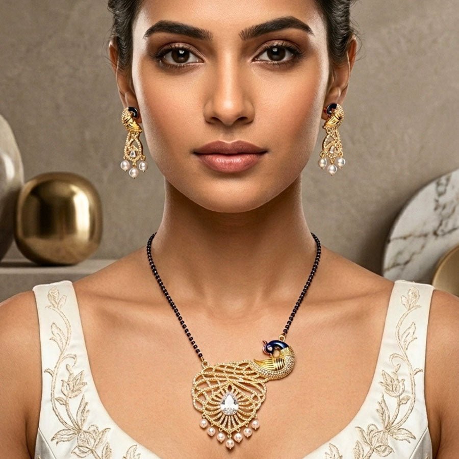White Gold Pendant Set Lightweight American Diamond for Women for Occasion and Party Wear (MI - PEN - 007 - AD - GD) - The Indian Mudra