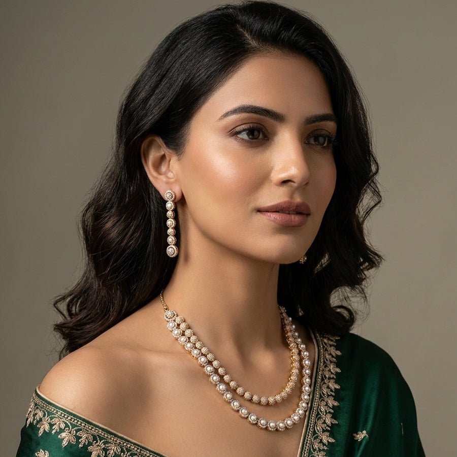 White Gold Polish Double Layered American Diamond Necklace Set for Women for Occasion and Party Wear (MC - NS - 025 - AD - GD - 1) - The Indian Mudra