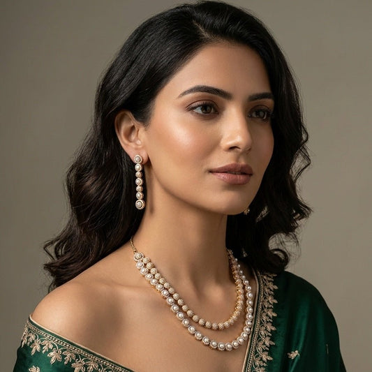 White Gold Polish Double Layered American Diamond Necklace Set for Women for Occasion and Party Wear (MC - NS - 025 - AD - GD - 1) - The Indian Mudra