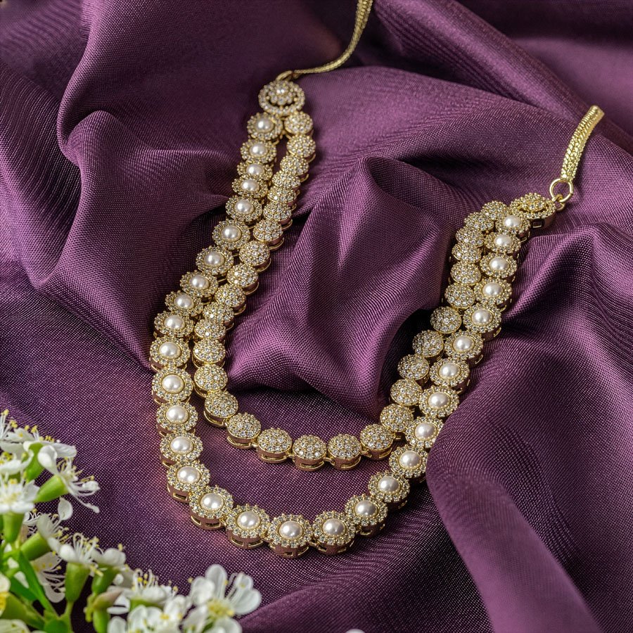 White Gold Polish Double Layered American Diamond Necklace Set for Women for Occasion and Party Wear (MC - NS - 025 - AD - GD - 1) - The Indian Mudra