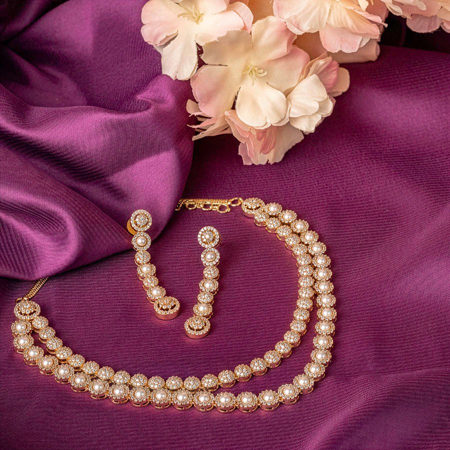 White Gold Polish Double Layered American Diamond Necklace Set for Women for Occasion and Party Wear (MC - NS - 025 - AD - GD - 1) - The Indian Mudra