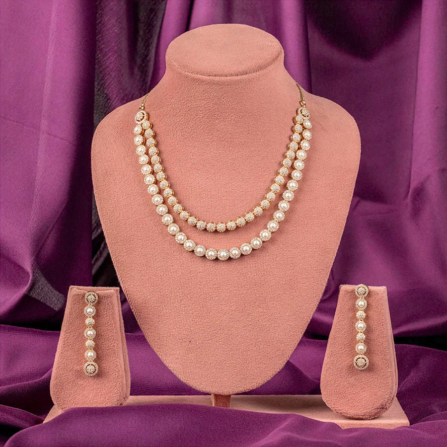 White Gold Polish Double Layered American Diamond Necklace Set for Women for Occasion and Party Wear (MC - NS - 025 - AD - GD - 1) - The Indian Mudra