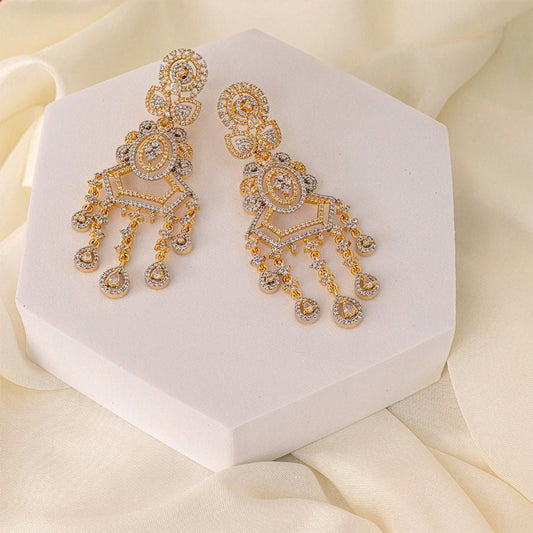 White Gold Polish Lightweight American Diamond Ear Rings for Women for Occasion and Party Wear (MC - ER - 003 - AD - GD) - The Indian Mudra