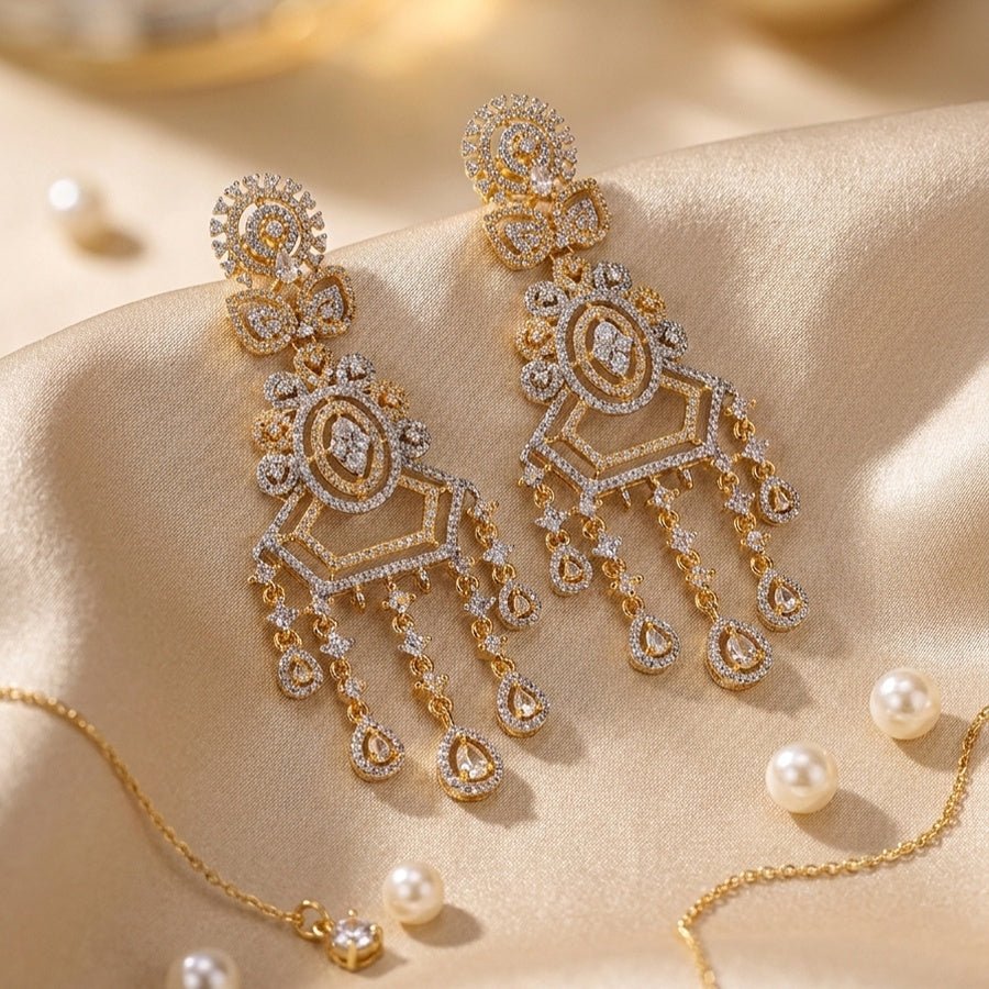 White Gold Polish Lightweight American Diamond Ear Rings for Women for Occasion and Party Wear (MC - ER - 003 - AD - GD) - The Indian Mudra