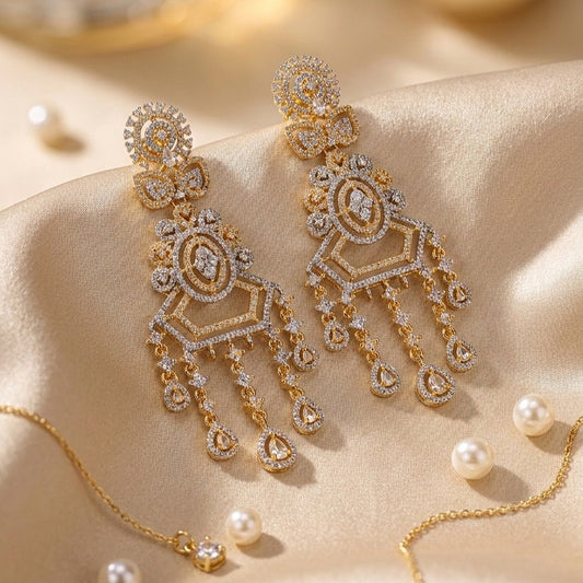 White Gold Polish Lightweight American Diamond Ear Rings for Women for Occasion and Party Wear (MC - ER - 003 - AD - GD) - The Indian Mudra