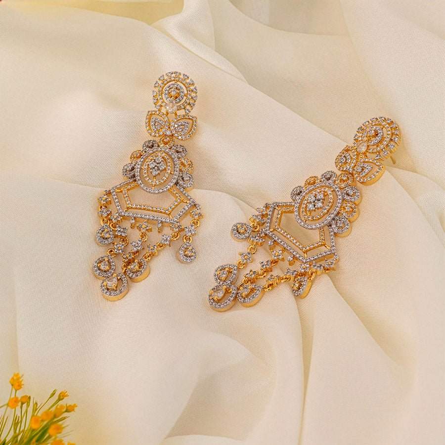 White Gold Polish Lightweight American Diamond Ear Rings for Women for Occasion and Party Wear (MC - ER - 003 - AD - GD) - The Indian Mudra