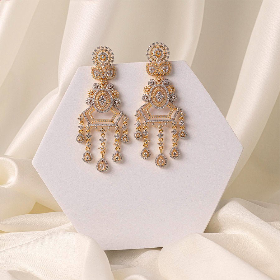 White Gold Polish Lightweight American Diamond Ear Rings for Women for Occasion and Party Wear (MC - ER - 003 - AD - GD) - The Indian Mudra