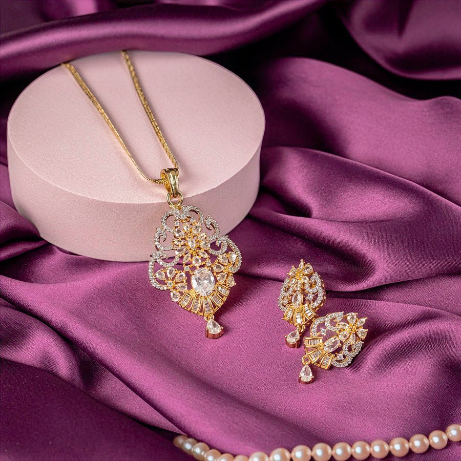 White Gold Polish Lightweight American Diamond Pendant Set for Women for Occasion and Party Wear (MI - PEN - 006 - AD - GD) - The Indian Mudra