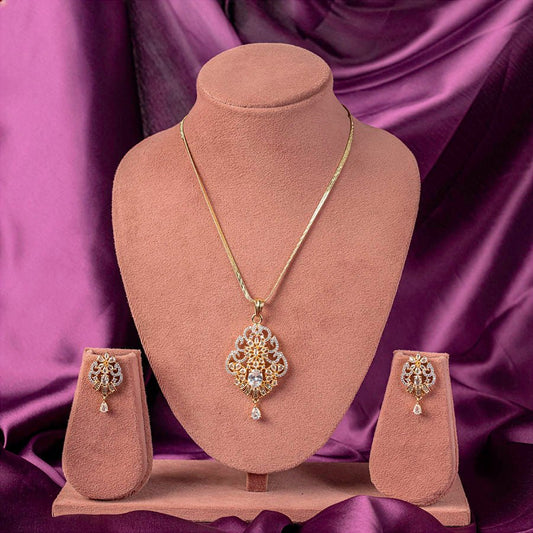 White Gold Polish Lightweight American Diamond Pendant Set for Women for Occasion and Party Wear (MI - PEN - 006 - AD - GD) - The Indian Mudra