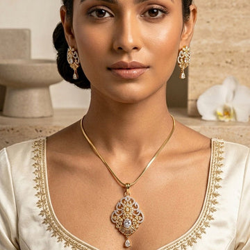 White Golden Polish Lightweight American Diamond Pendant Set for Women