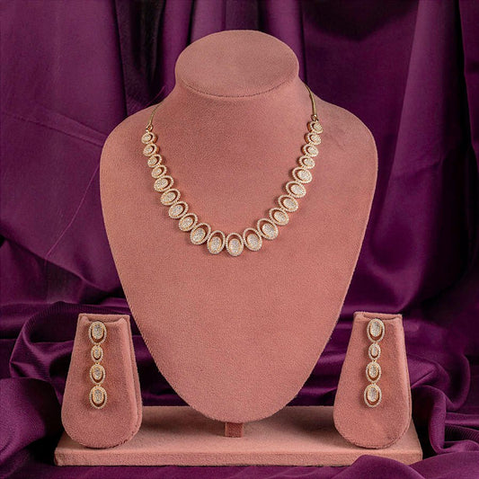 White Gold Polish Short American Diamond Necklace Set for Women for Occasion and Party Wear Lightweight (MC - NS - 026 - AD - GD) - The Indian Mudra