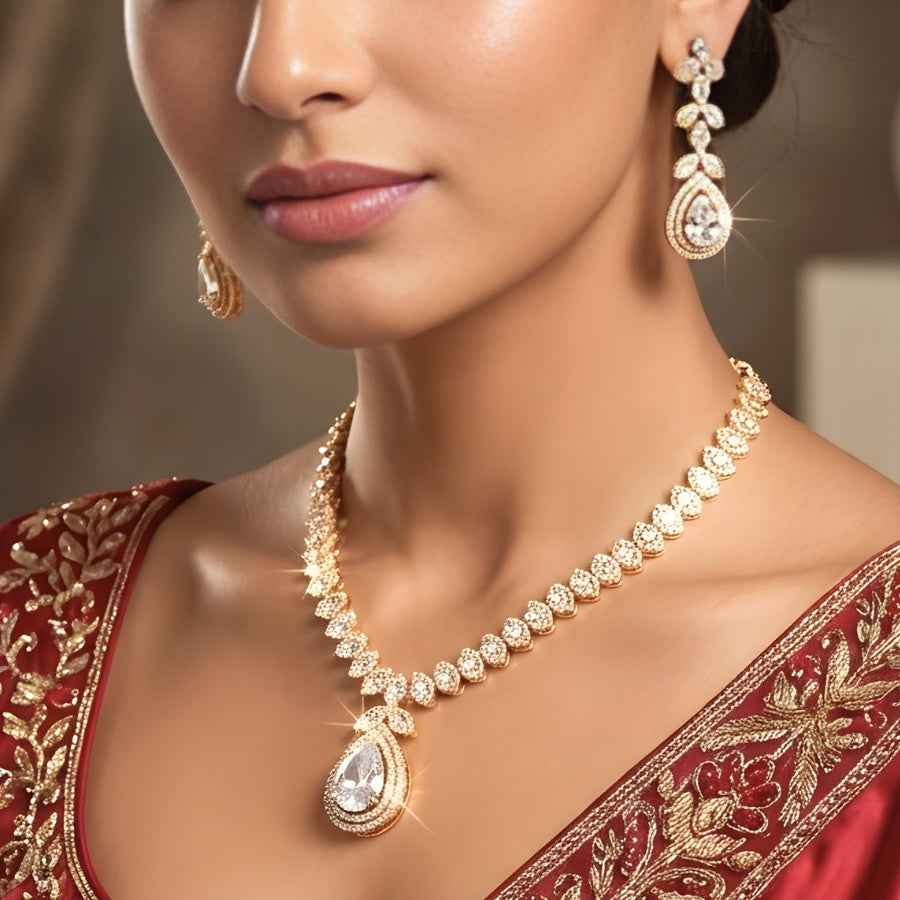 White Gold Polish Short Lightweight American Diamond Necklace Set - The Indian Mudra
