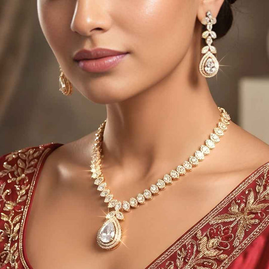 White Gold Polish Short Lightweight American Diamond Necklace Set - The Indian Mudra