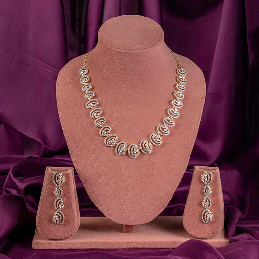 White Gold Polish Short Lightweight American Diamond Necklace Set for Women for Occasion and Party Wear (MC-NS-027-AD-GD) - The Indian Mudra