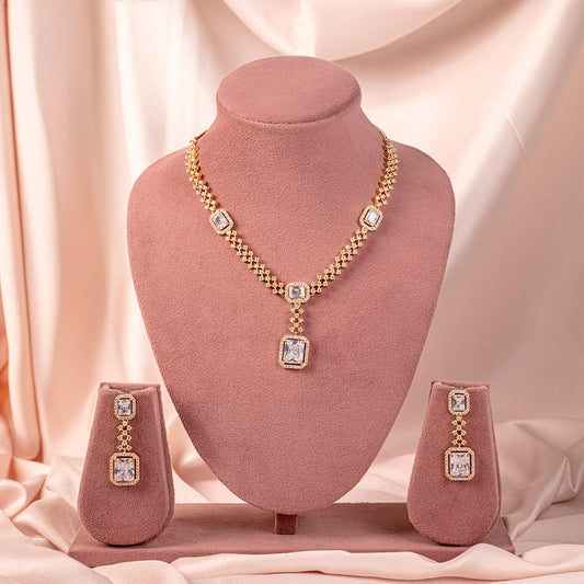 White Lightweight Gold Short American Diamond Necklace Set for Women for Occasion and Party Wear (MC-NS-008-AD-GD)