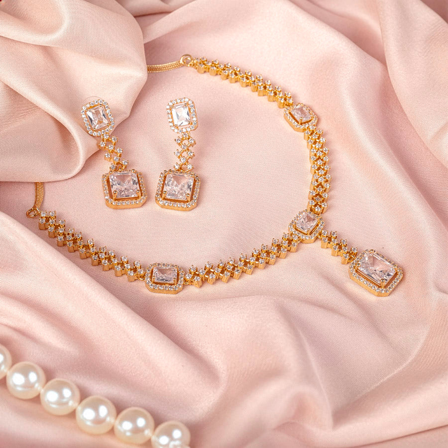 White Lightweight Gold Short American Diamond Necklace Set for Women for Occasion and Party Wear (MC-NS-008-AD-GD)