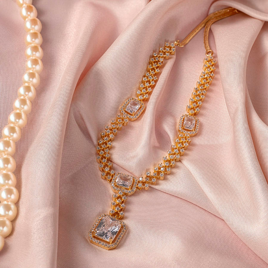 White Lightweight Gold Short American Diamond Necklace Set for Women for Occasion and Party Wear (MC-NS-008-AD-GD)