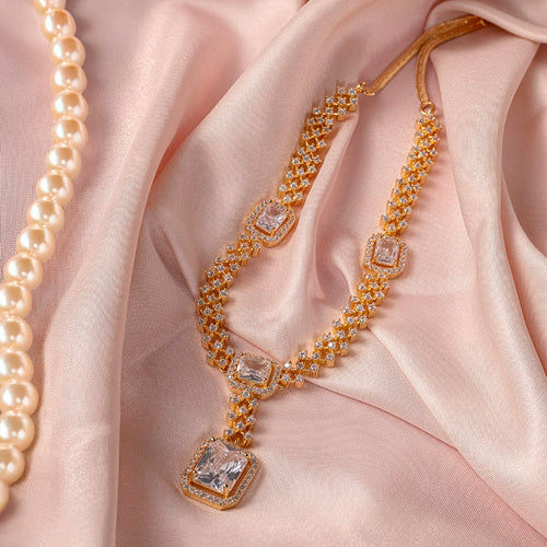 White Lightweight Gold Short American Diamond Necklace Set for Women for Occasion and Party Wear (MC-NS-008-AD-GD)