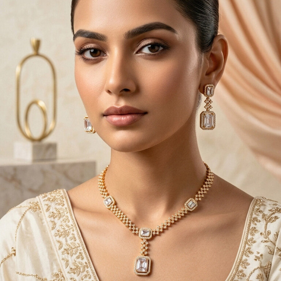 White Lightweight Gold Short American Diamond Necklace Set for Women for Occasion and Party Wear (MC-NS-008-AD-GD)