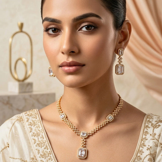 White Lightweight Gold Short American Diamond Necklace Set for Women for Occasion and Party Wear (MC-NS-008-AD-GD)