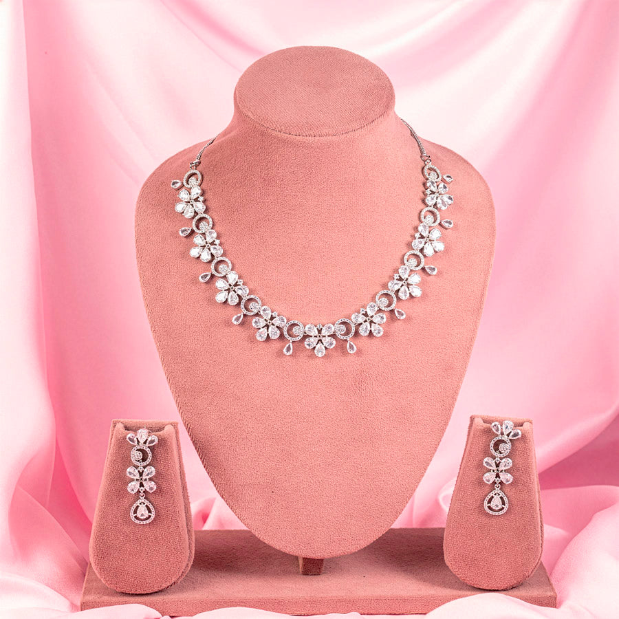 White Lightweight Short Silver American Diamond Necklace Set for Women for Occasion and Party Wear (MC-NS-015-AD-SL)