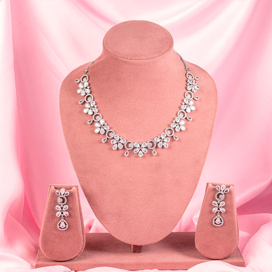 White Lightweight Short Silver American Diamond Necklace Set for Women for Occasion and Party Wear (MC-NS-015-AD-SL)