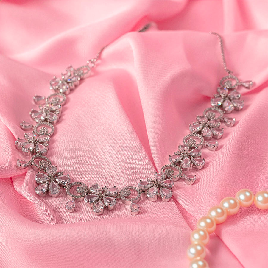White Lightweight Short Silver American Diamond Necklace Set for Women for Occasion and Party Wear (MC-NS-015-AD-SL)