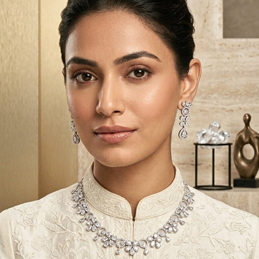 White Lightweight Short Silver American Diamond Necklace Set for Women for Occasion and Party Wear (MC-NS-015-AD-SL)