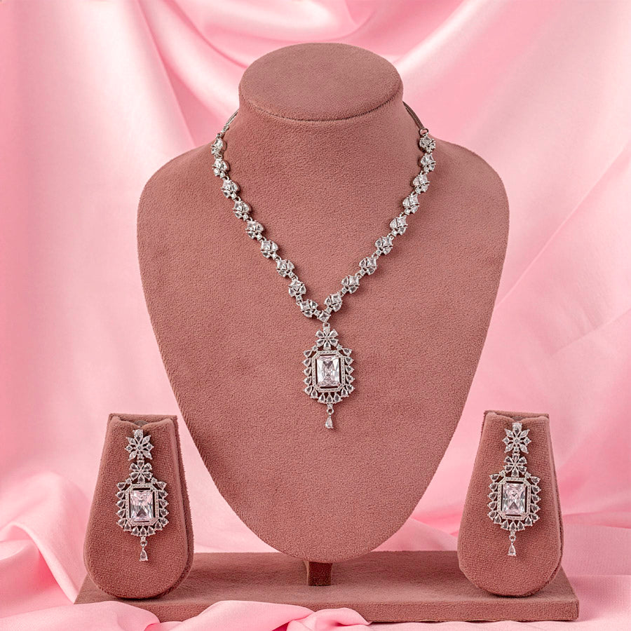 White Lightweight Silver Short American Diamond Necklace Set for Women for Occasion and Party Wear (MC-NS-009-AD-SL)
