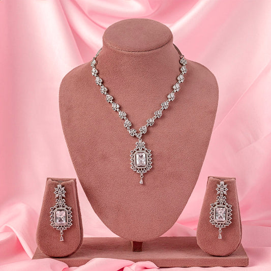 White Lightweight Silver Short American Diamond Necklace Set for Women for Occasion and Party Wear (MC-NS-009-AD-SL)